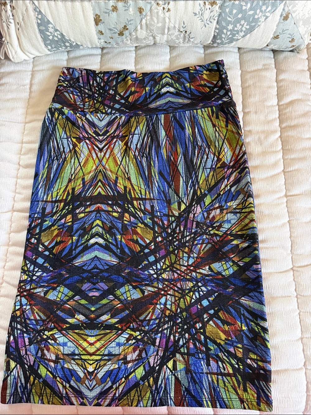 LuLaRoe Multicolor Abstract Pencil Skirt with Blue, Green & Purple Accents